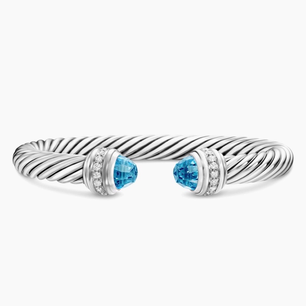 David Yurman Sterling Silver 7mm Cable Bracelet with Blue Topaz and Diamonds